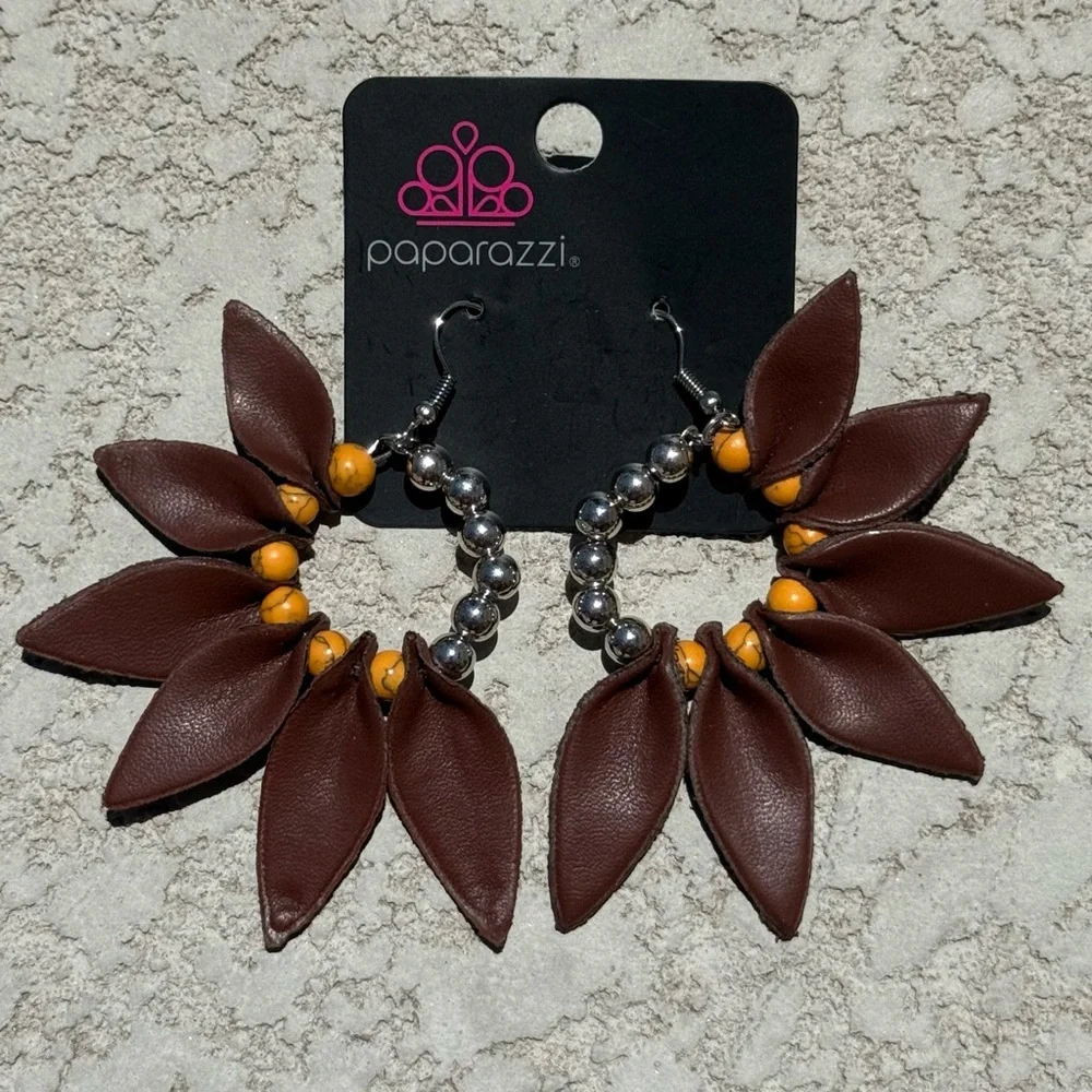 Boho Statement Earrings Brown Leather Petals & Yellow Beads Paparazzi Jewelry - Picture 3 of 4